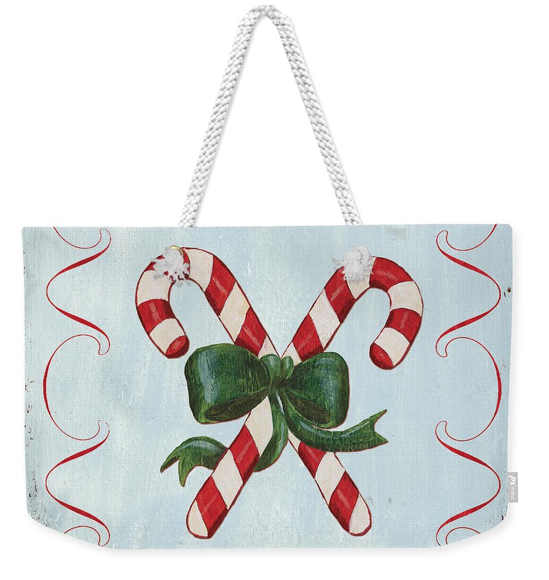 Candy Cane Weekender Tote Bag featuring the painting Folk Candy Cane by Debbie DeWitt