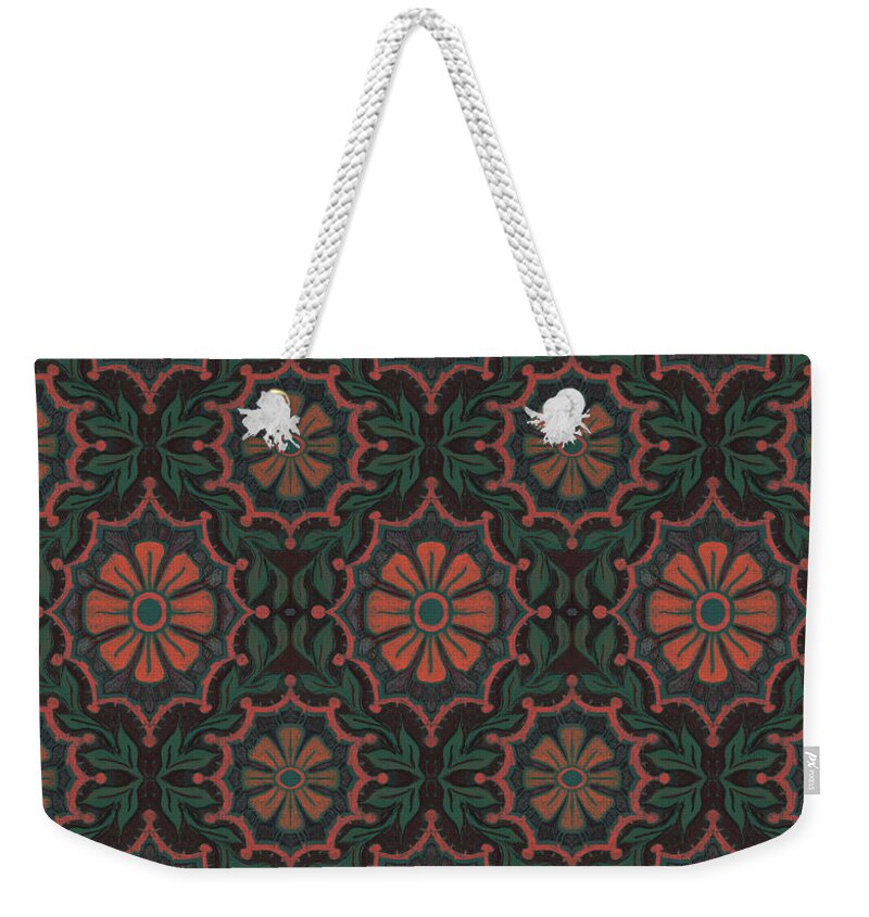 Green Weekender Tote Bag featuring the digital art Folk flower, floral pattern, orange, green and black by Julia Khoroshikh