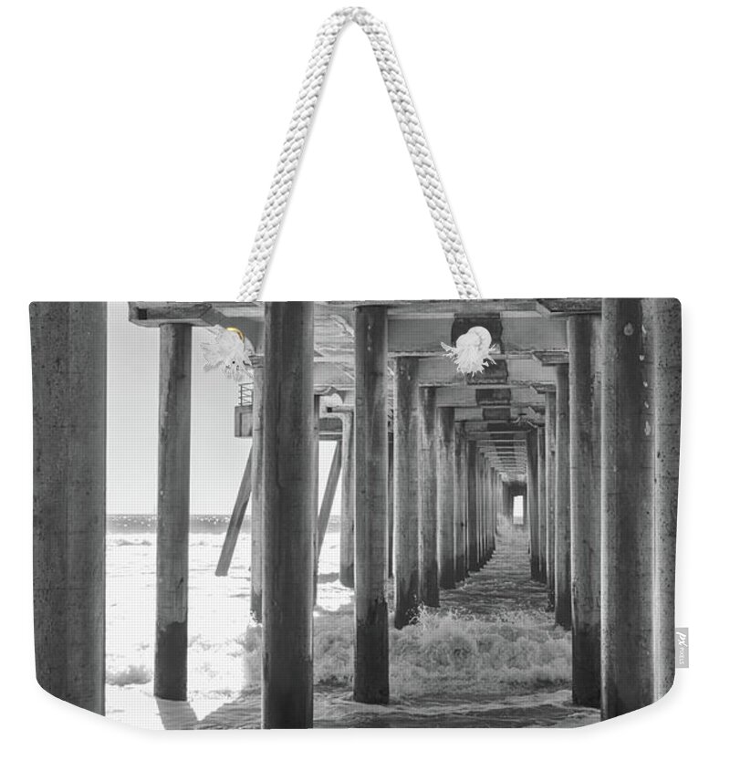 Huntington Beach Weekender Tote Bag featuring the photograph Follow The Lines Under Huntington Beach Pier by Ana V Ramirez