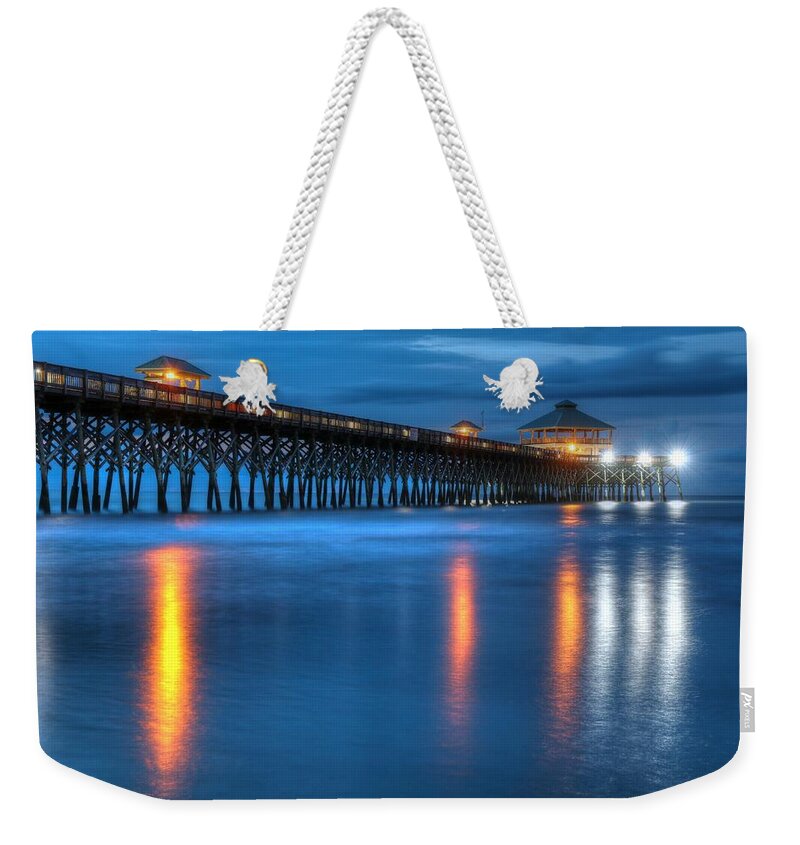 Carol R Montoya Weekender Tote Bag featuring the photograph Folly Beach Pier At Blue Hour Charleston South Carolina by Carol Montoya
