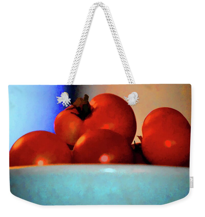 Tomato Weekender Tote Bag featuring the photograph Food Vine Ripe And Ready Tomato Art by Lesa Fine