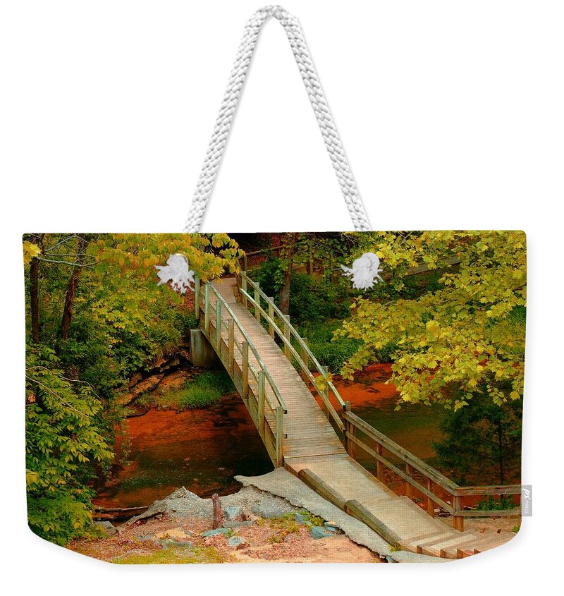 Autumn Weekender Tote Bag featuring the photograph Footbridge into Autumn by Stacie Siemsen