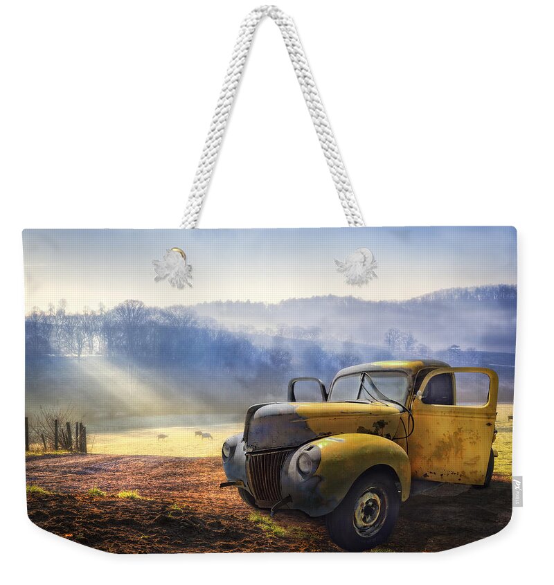 Appalachia Weekender Tote Bag featuring the photograph Ford in the Fog by Debra and Dave Vanderlaan