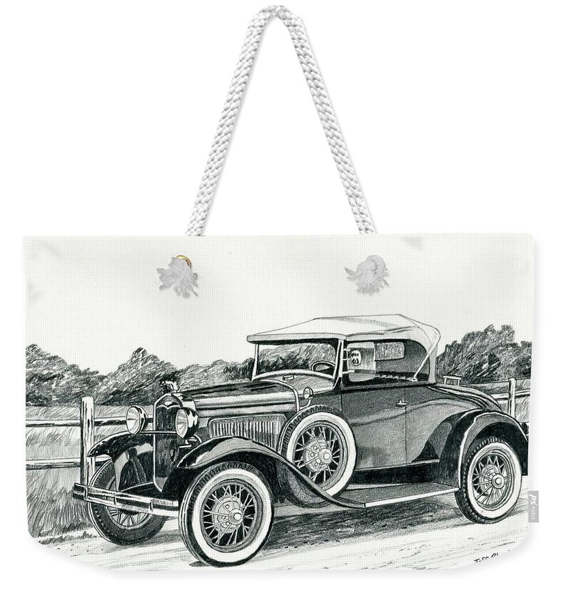 Ford Weekender Tote Bag featuring the drawing Ford Model A 1930 by Jeff Blazejovsky