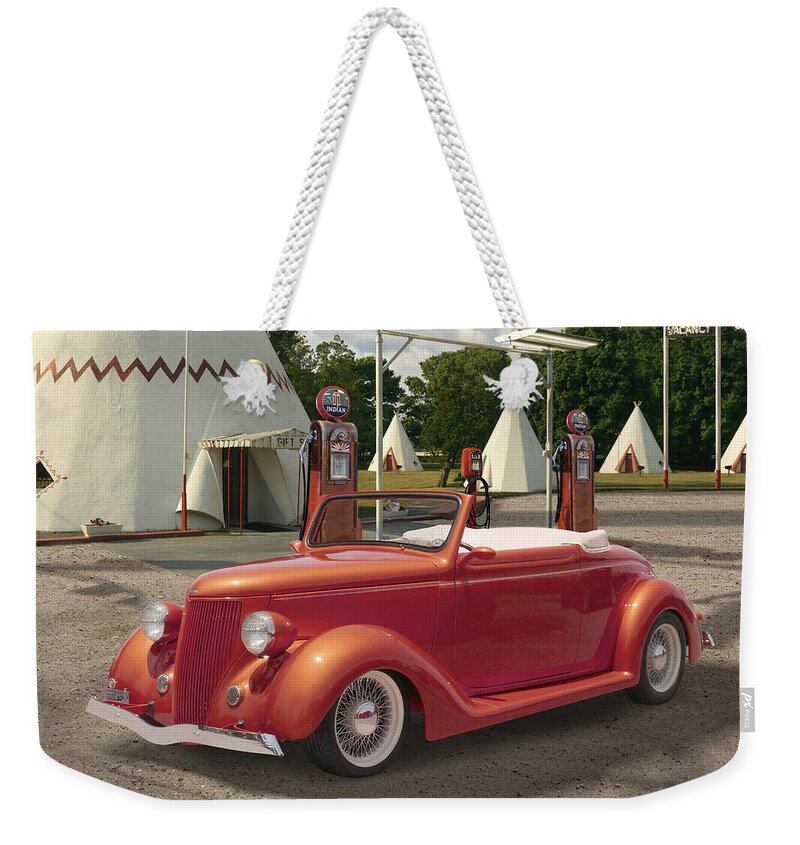 Ford Roadster Weekender Tote Bag featuring the photograph Ford Roadster At An Indian Gas Station 2 by Mike McGlothlen