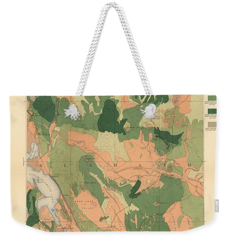 Geological Map Weekender Tote Bag featuring the drawing Forest cover map 1886-87 - Oregon Klamath Quadrangle - Geological Map by Studio Grafiikka