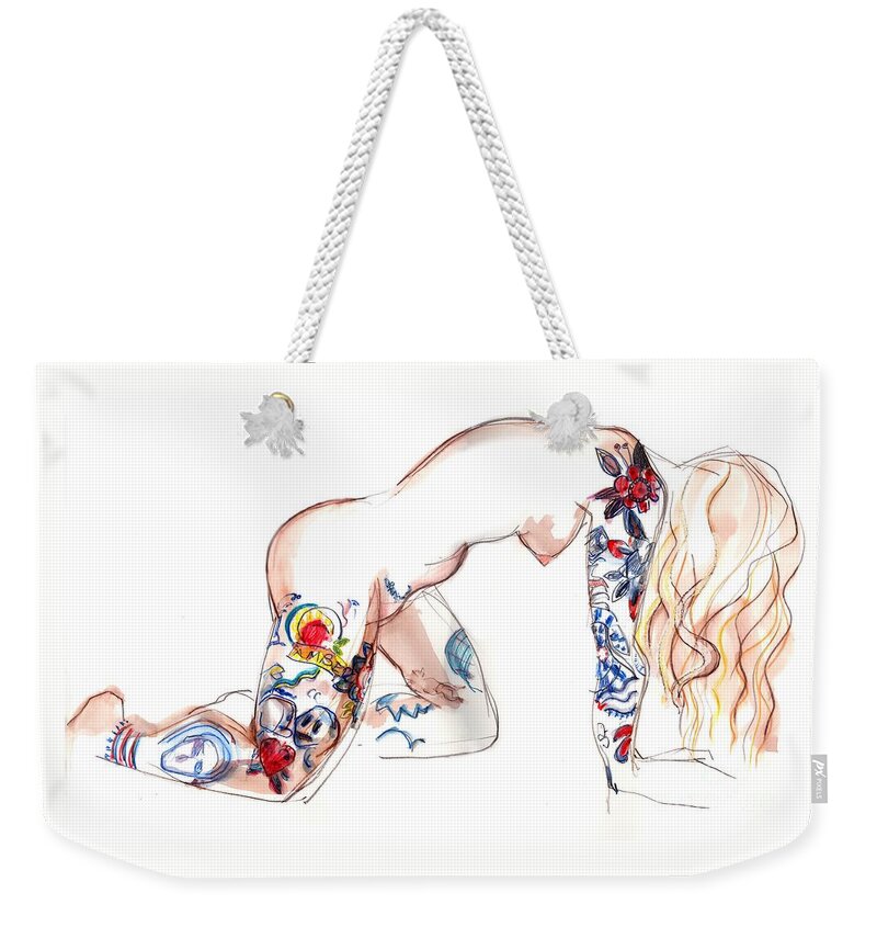 Erotic Art Weekender Tote Bag featuring the mixed media Forever Amber - tattoed nude by Carolyn Weltman