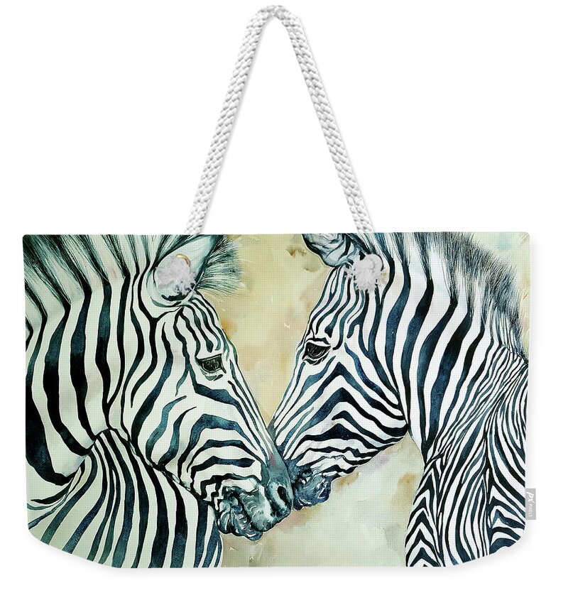 Zebra Weekender Tote Bag featuring the painting Forget Me Not by Arti Chauhan
