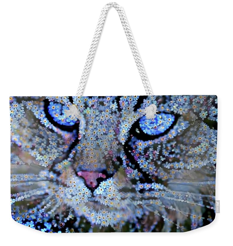 Cat Weekender Tote Bag featuring the digital art Forget Me Nots Cat - Unforgettable by Peggy Collins