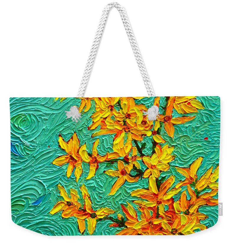 Spring Weekender Tote Bag featuring the painting Forsythia Vibration Modern Impressionist Flower Art Palette Knife Oil Painting By Ana Maria Edulescu by Ana Maria Edulescu