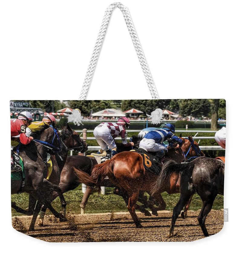 Race Horses Weekender Tote Bag featuring the photograph Forty MPH by Jeffrey PERKINS