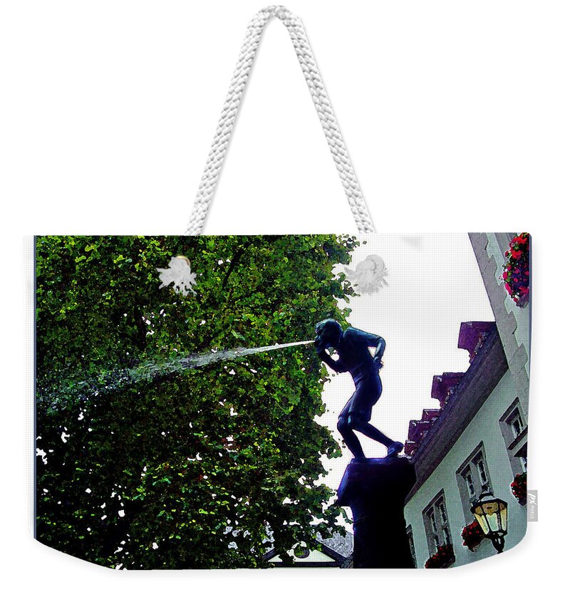 A Fun Fountain In Germany Where You Can Pass By And Get Wet!fountain Weekender Tote Bag featuring the digital art Fountain Boy by Joan Minchak
