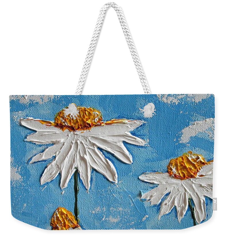Daisy Weekender Tote Bag featuring the painting Four Daisies by Mary Mirabal
