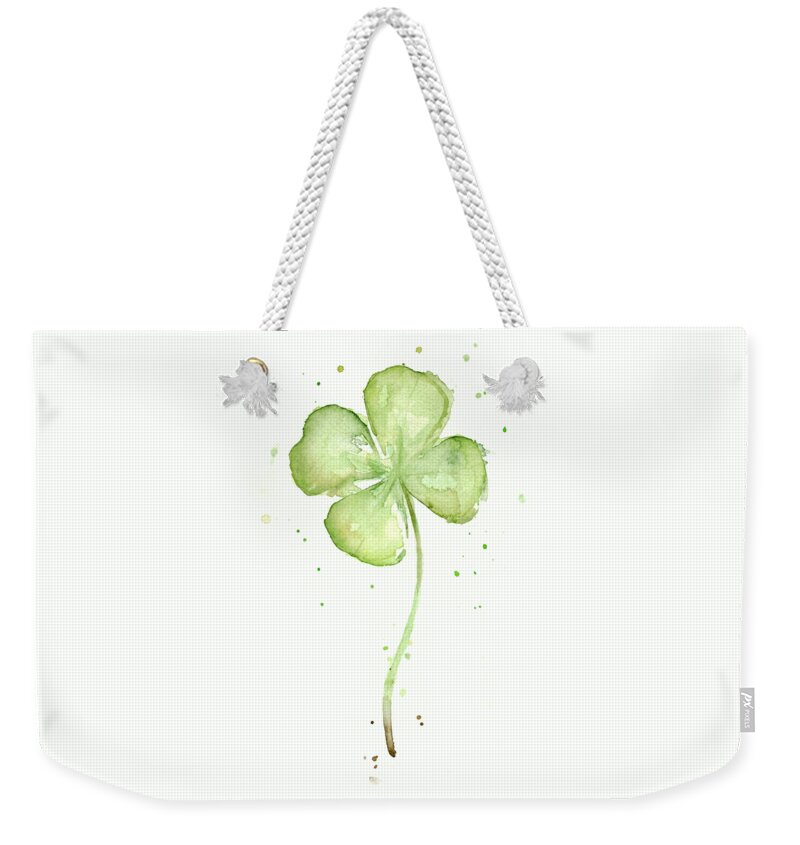 St Patricks Weekender Tote Bag featuring the painting Four Leaf Clover Lucky Charm by Olga Shvartsur