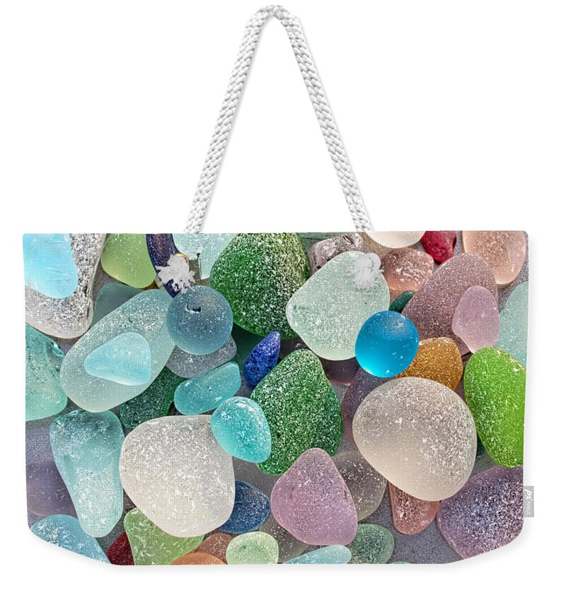 Unique Weekender Tote Bag featuring the photograph Four Marbles and a Rainbow of Beach Glass by Barbara McMahon