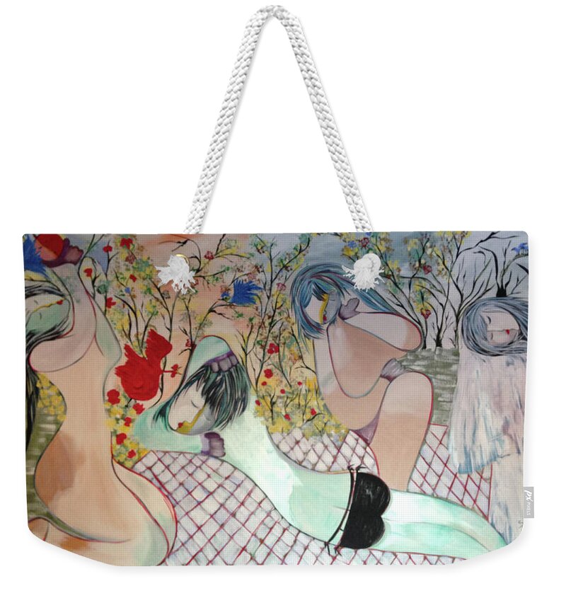 Four Seasons Weekender Tote Bag featuring the painting Four Season in one by Sima Amid Wewetzer