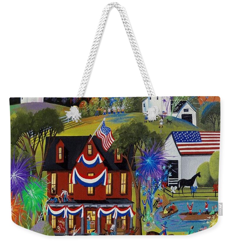 Farm Weekender Tote Bag featuring the painting Fourth Of July - Fireworks on the farm by Debbie Criswell