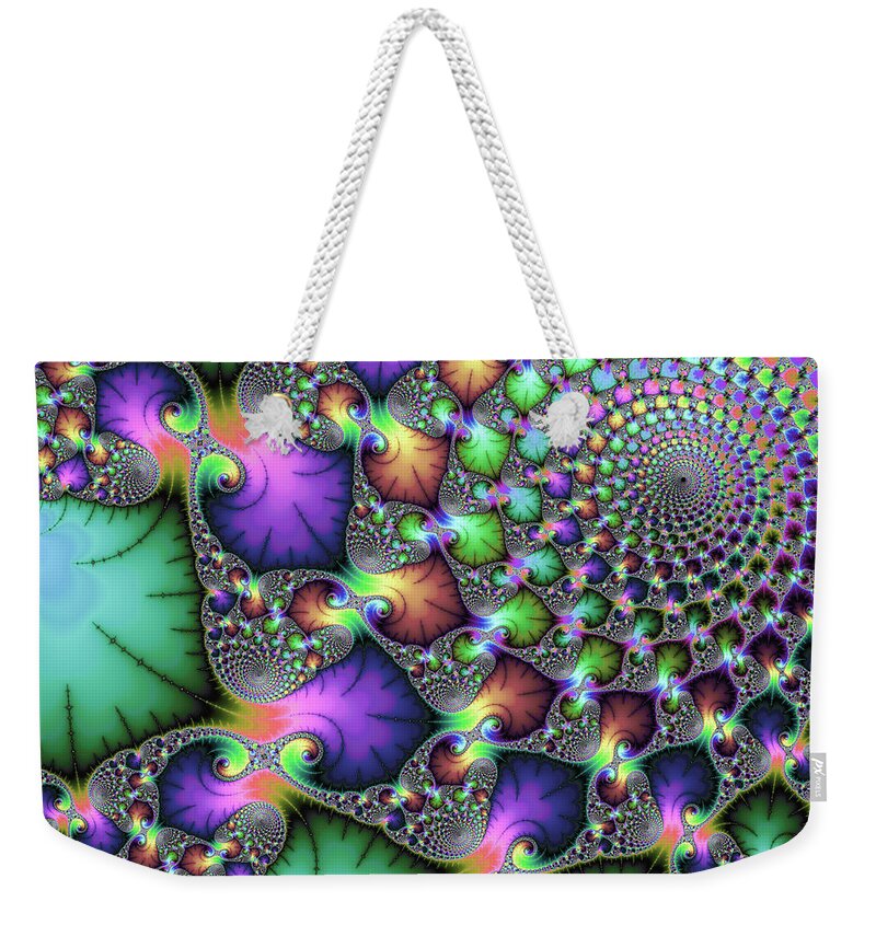 Jewel Colors Weekender Tote Bag featuring the digital art Fractal floral spirals jewel colored green purple gold by Matthias Hauser