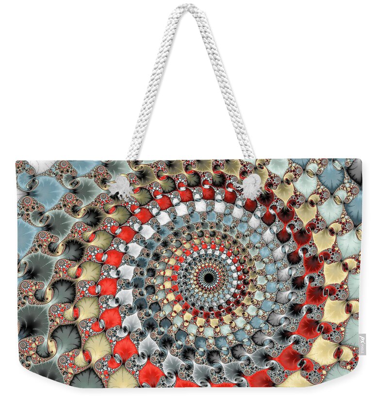 Spiral Weekender Tote Bag featuring the digital art Fractal spiral red grey light blue square format by Matthias Hauser