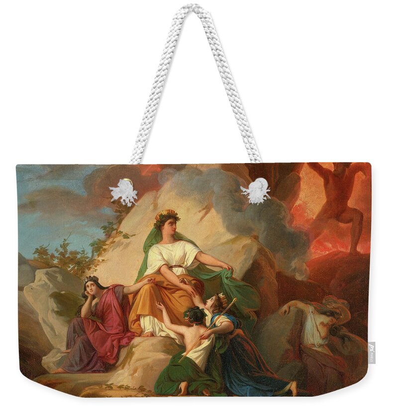 Francois-edouard Picot Weekender Tote Bag featuring the painting Cybele opposing Vesuvius to protect the Cities of Stabia Herculaneum Pompeii by Francois-Edouard Picot