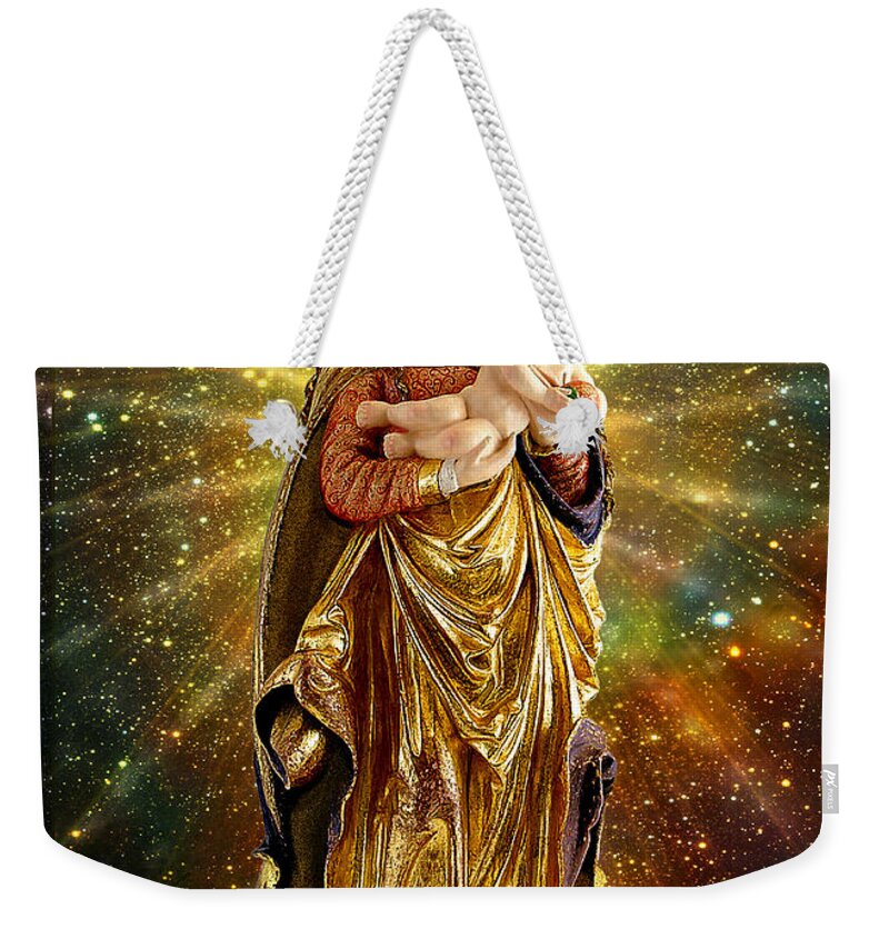 Mary And Jesus Weekender Tote Bag featuring the mixed media Franconian Madonna and infant Jesus by Ananda Vdovic