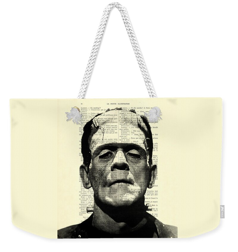 Black And White Weekender Tote Bag featuring the digital art Frankenstein on dictionary page by Madame Memento
