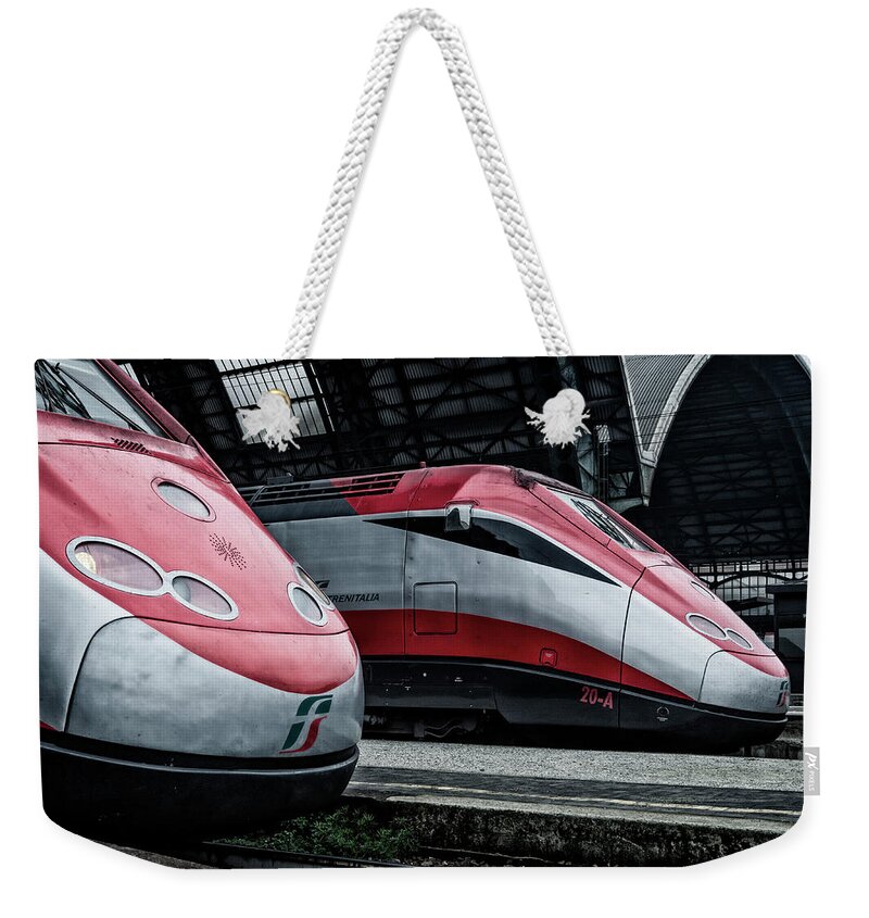 Milano Weekender Tote Bag featuring the photograph Freccia Rossa Trains. by Pablo Lopez