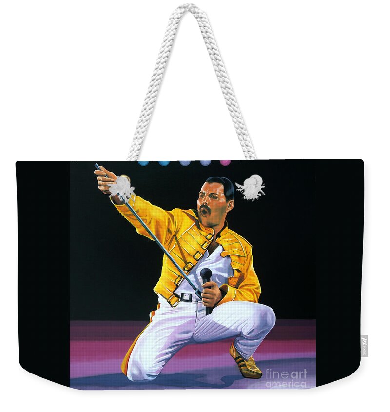 Freddie Mercury Weekender Tote Bag featuring the painting Freddie Mercury Live by Paul Meijering