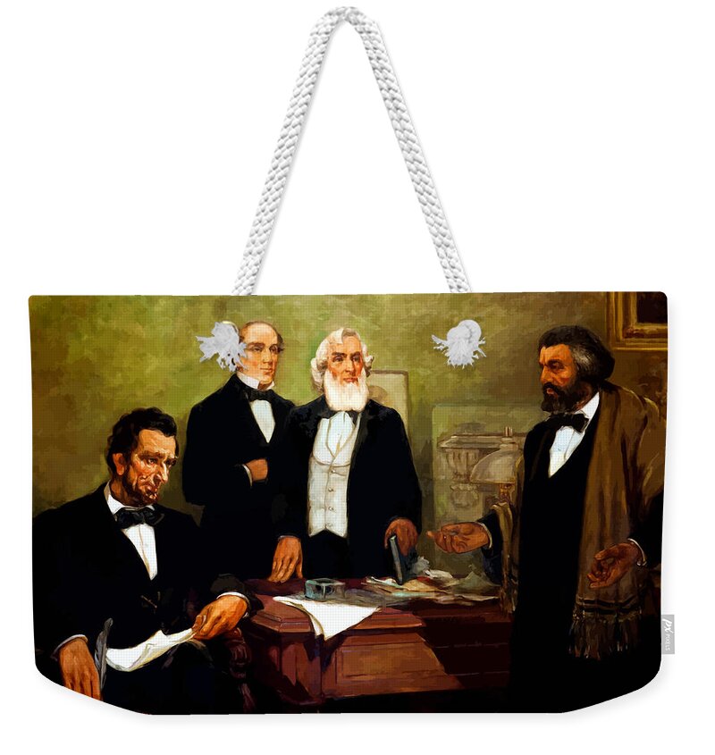 Frederick Douglass Weekender Tote Bag featuring the painting Frederick Douglass appealing to President Lincoln by War Is Hell Store