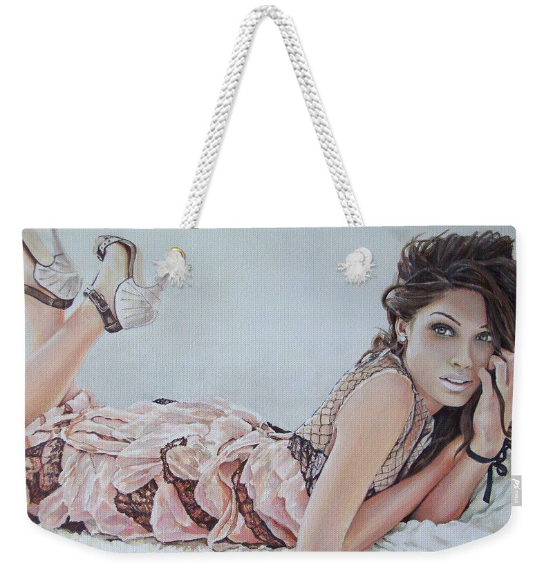 Freid Pinto Weekender Tote Bag featuring the painting Freida Pinto by Andy Lloyd
