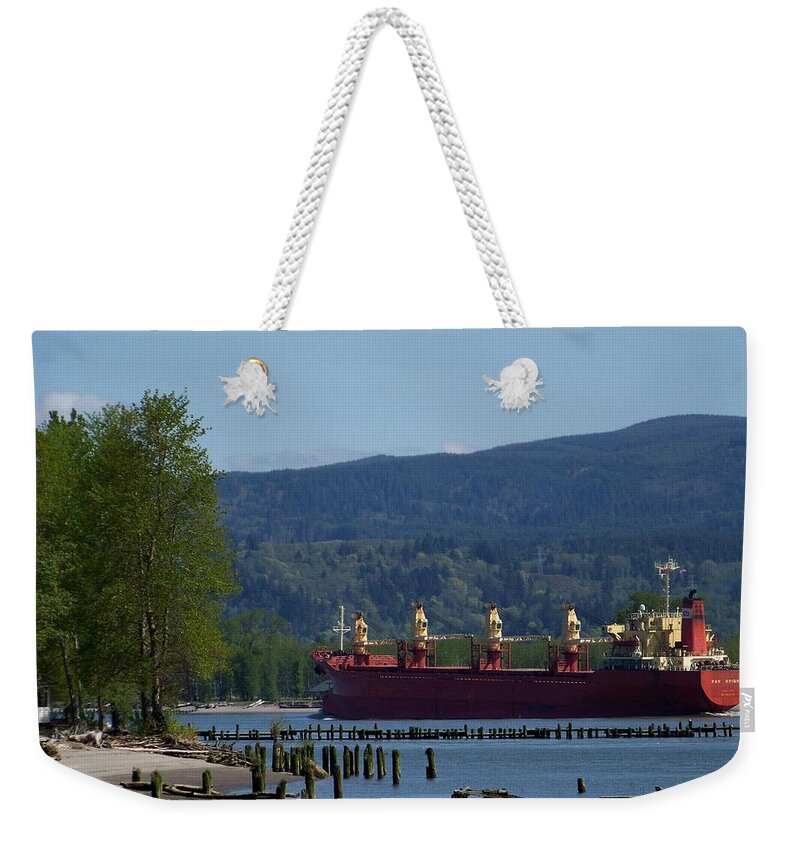 Freighter Weekender Tote Bag featuring the photograph Freighter on the Columbia by Charles Robinson
