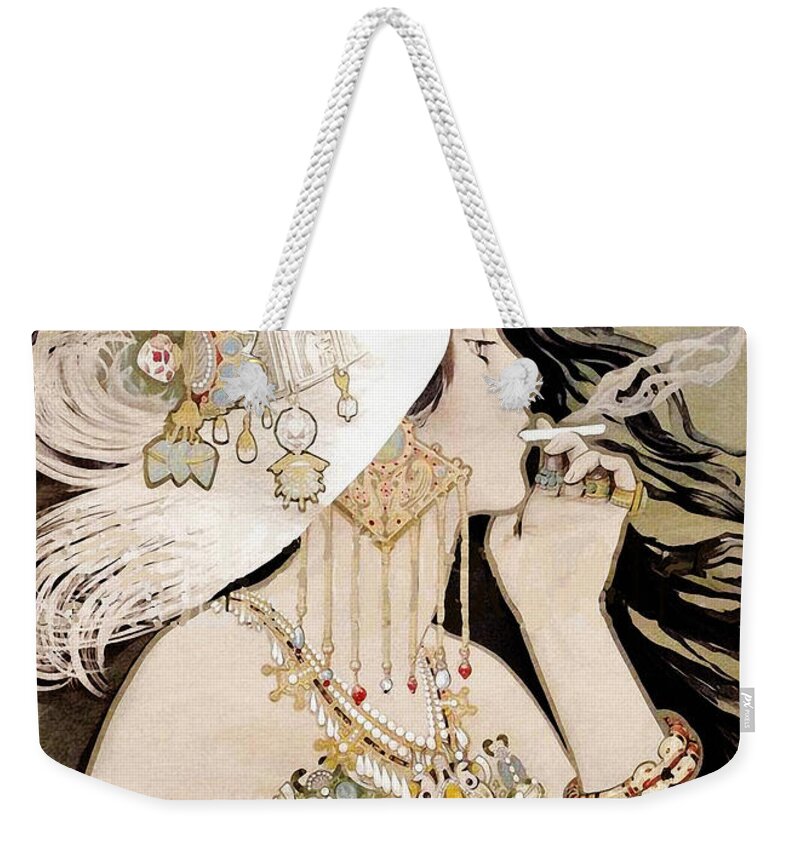 Art Nouveau Weekender Tote Bag featuring the painting French Art Nouveau smoking woman Collage by Tina Lavoie