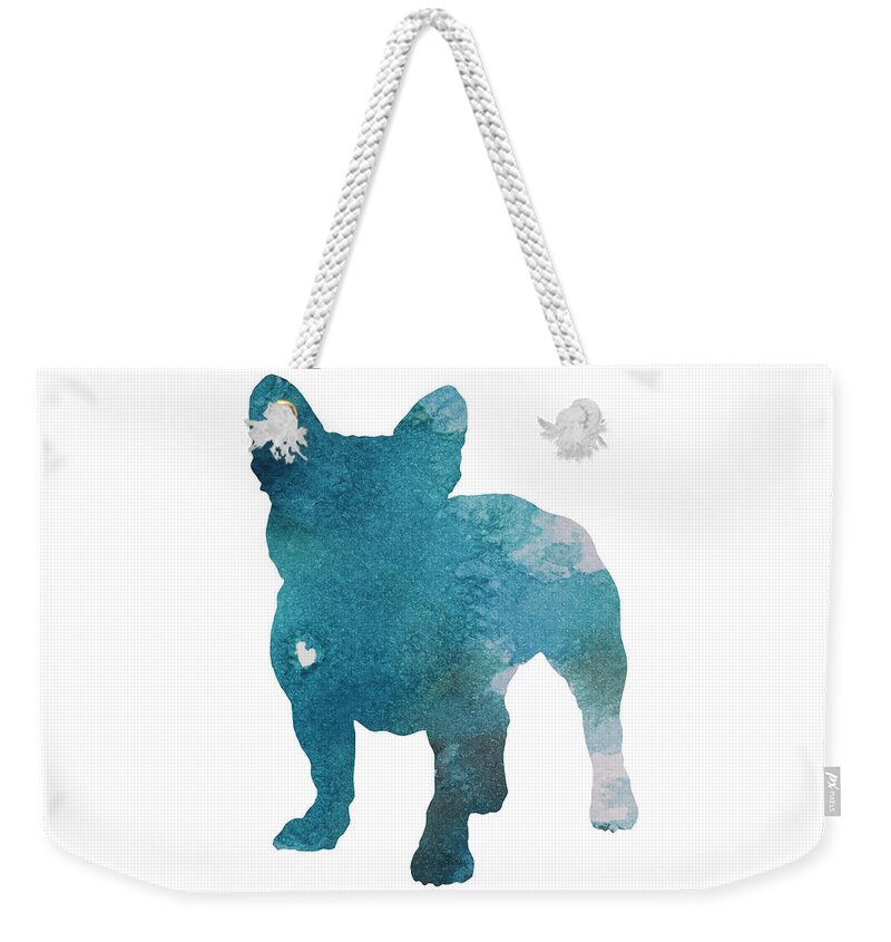  Drawing & Illustration Weekender Tote Bag featuring the painting French Bulldog Silhouette Blue Kids Play Room Decor, Turquoise Frenchie Print Nursery Boy Room Art by Joanna Szmerdt