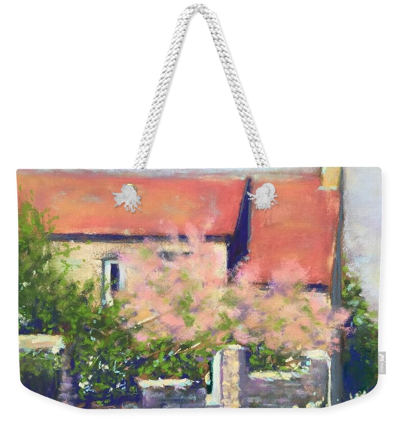 French Cottage Weekender Tote Bag featuring the pastel French cottage by Rebecca Matthews