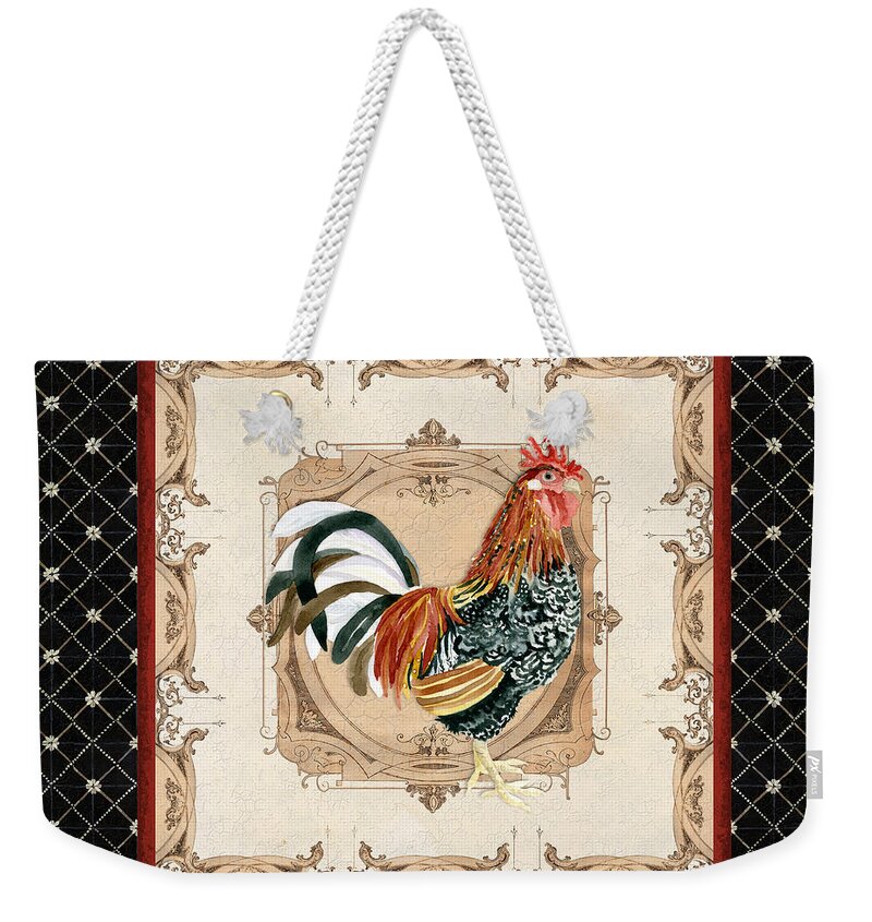Etched Weekender Tote Bag featuring the painting French Country Roosters Quartet Black 1 by Audrey Jeanne Roberts