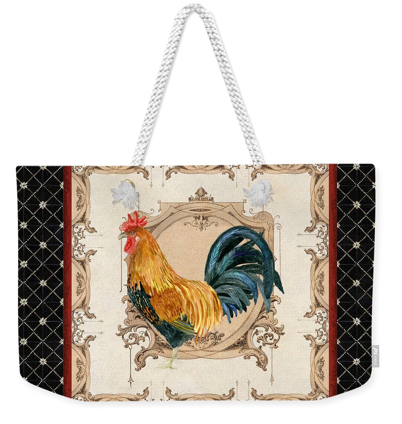 Etched Weekender Tote Bag featuring the painting French Country Roosters Quartet 4 by Audrey Jeanne Roberts