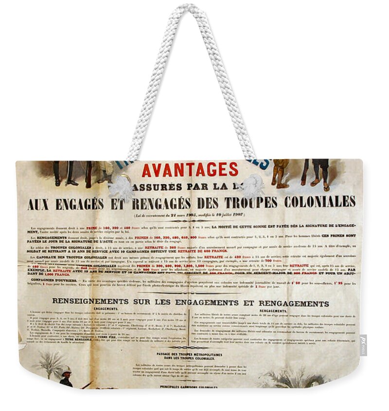 French Marines Recruitement Poster Weekender Tote Bag featuring the painting French marines recruitement poster by MotionAge Designs