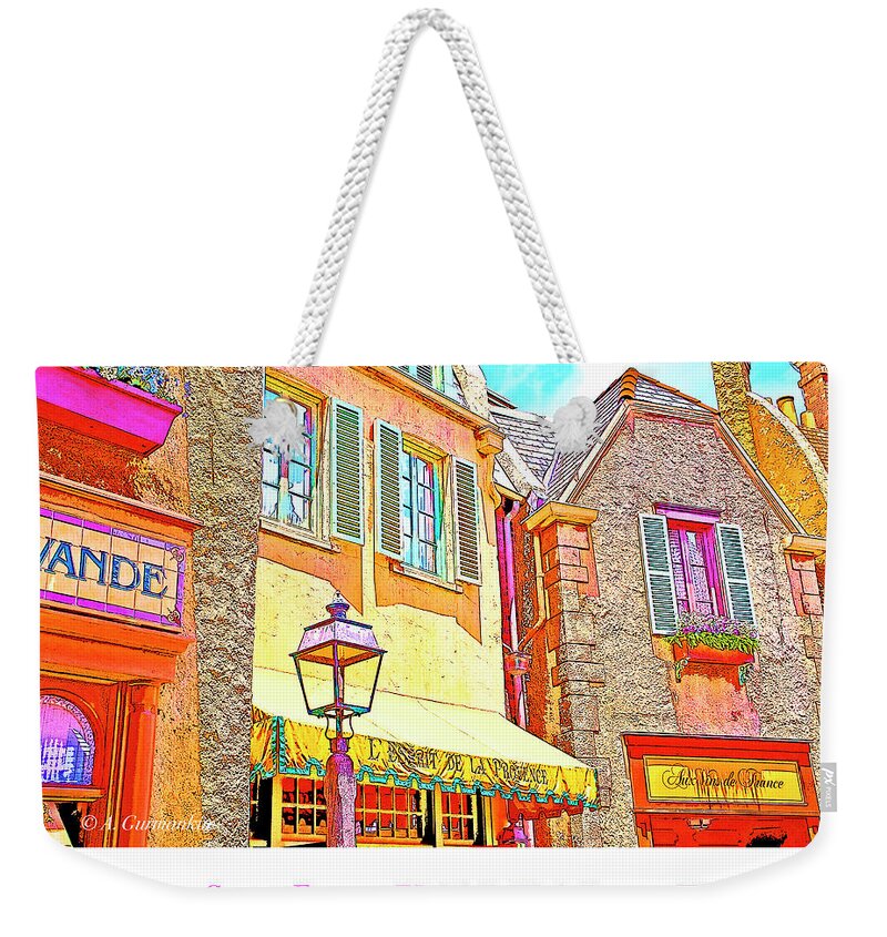 Digital Art Weekender Tote Bag featuring the digital art French Storefront Facades, EPCOT, Walt Disney World by A Macarthur Gurmankin