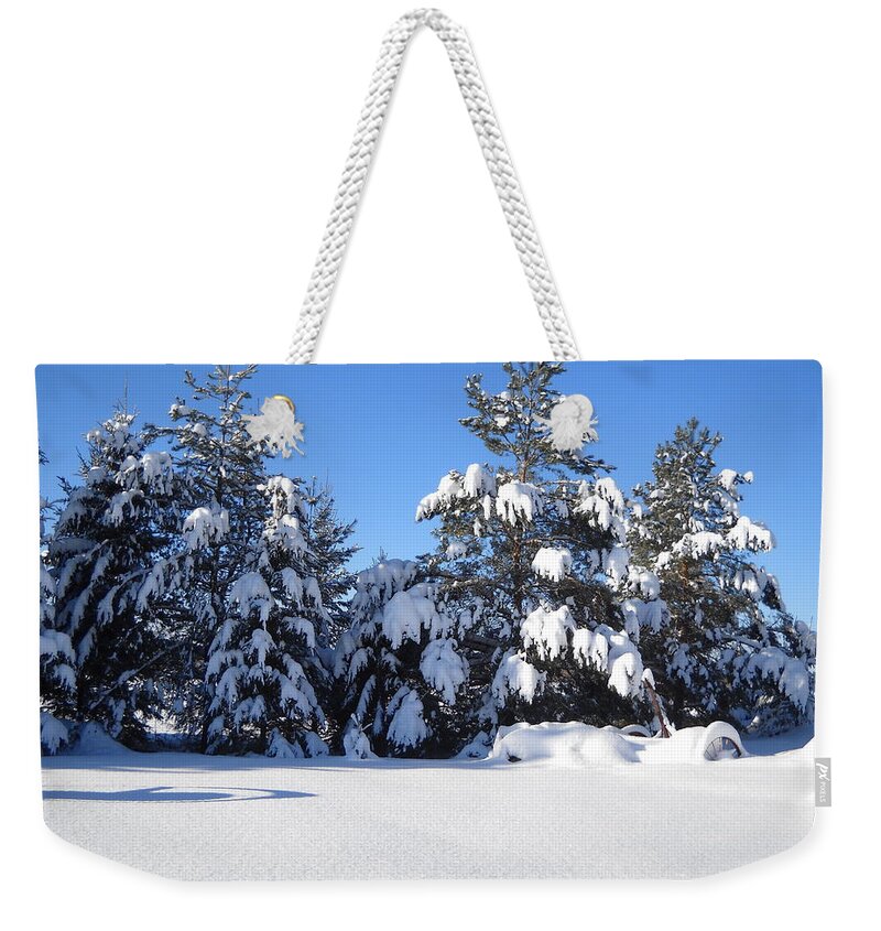 Snow Weekender Tote Bag featuring the photograph Fresh Snow on Pine Trees by Kent Lorentzen