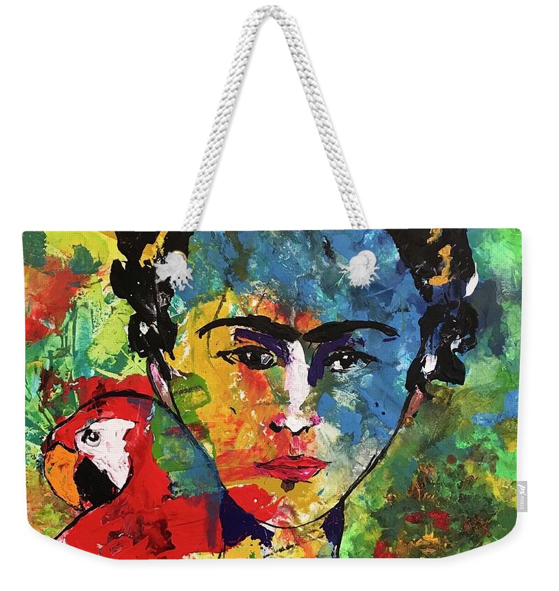 Frida Weekender Tote Bag featuring the painting Frida and Parrot Uno by Elaine Elliott