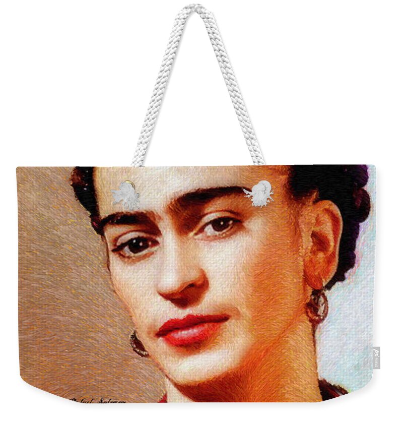 Rafael Salazar Weekender Tote Bag featuring the painting Frida in Red by Rafael Salazar