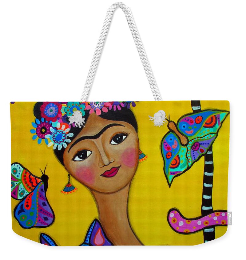 Frida Kahlo Weekender Tote Bag featuring the painting Frida Kahlo With Her Cat by Pristine Cartera Turkus