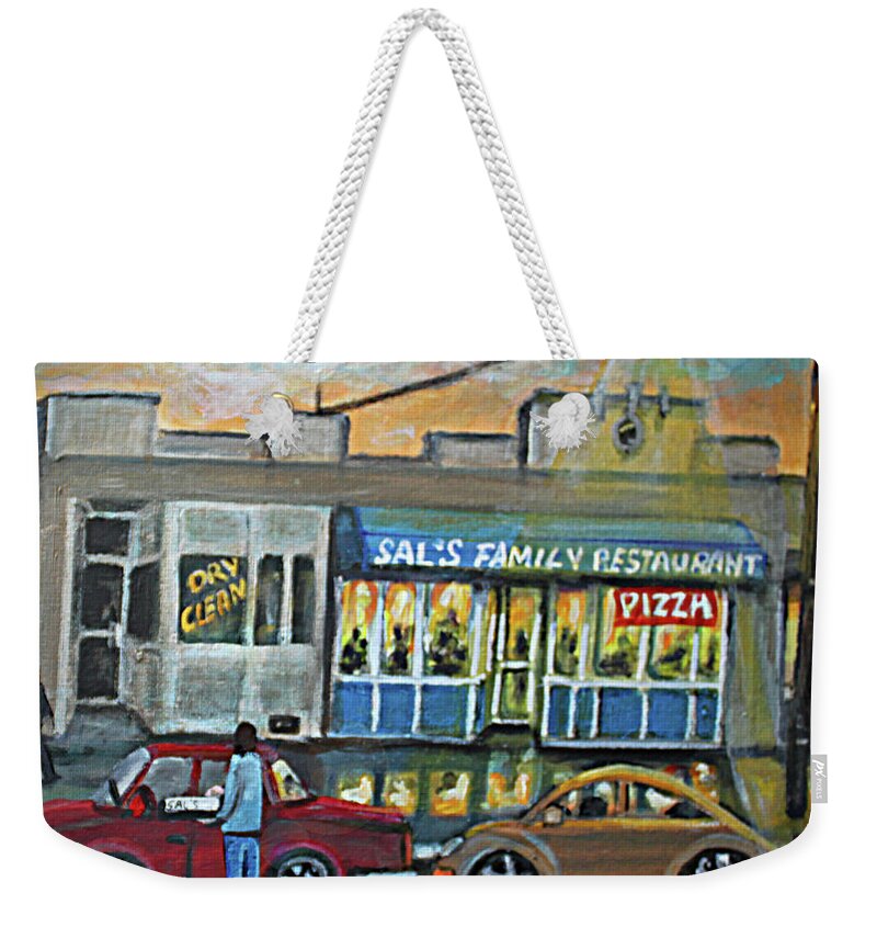 Landscape Weekender Tote Bag featuring the painting Friday Night at Sal's by Rita Brown