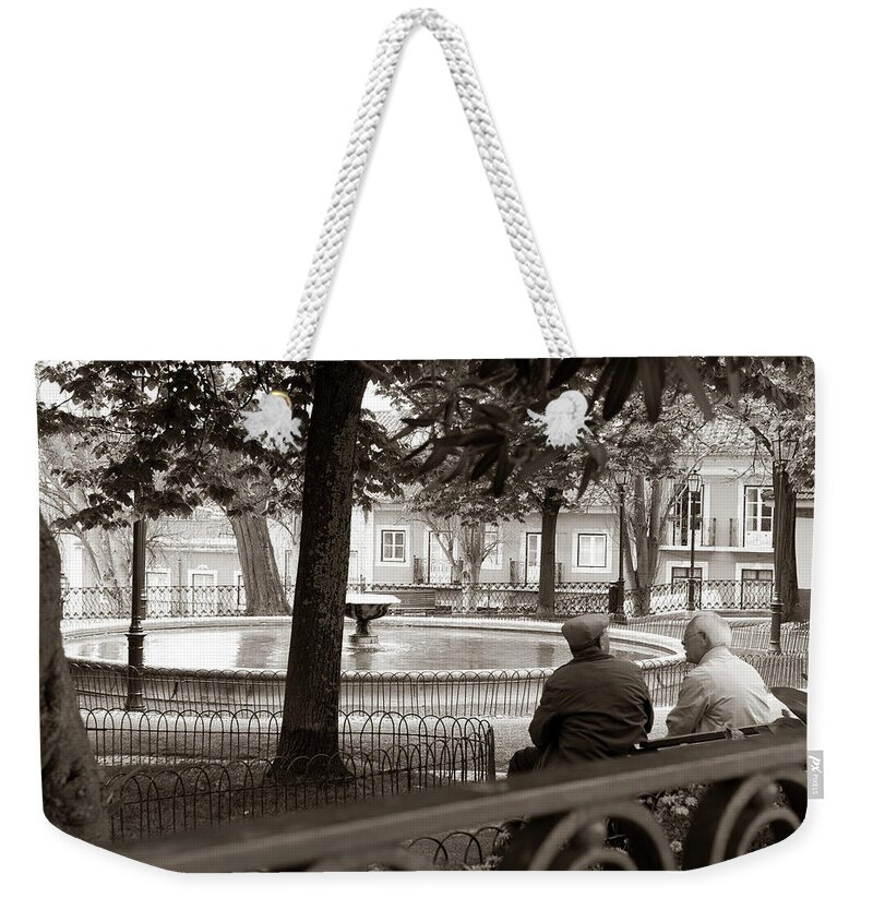 Lisbon Weekender Tote Bag featuring the photograph Friends at the Fountain by Lorraine Devon Wilke