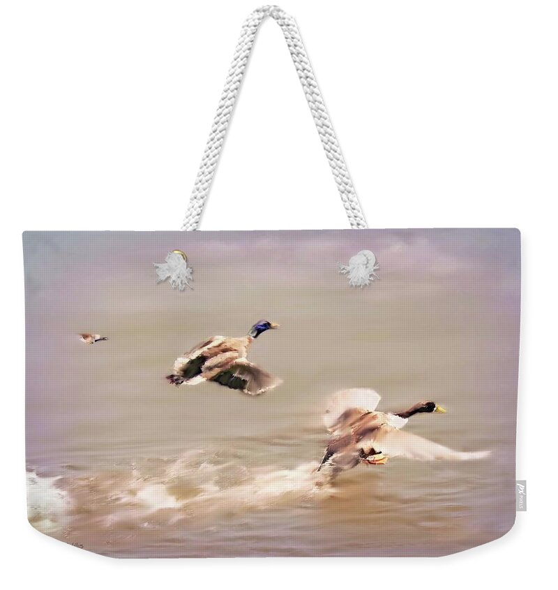 Geese Weekender Tote Bag featuring the digital art Friends in Flight by Bonnie Willis