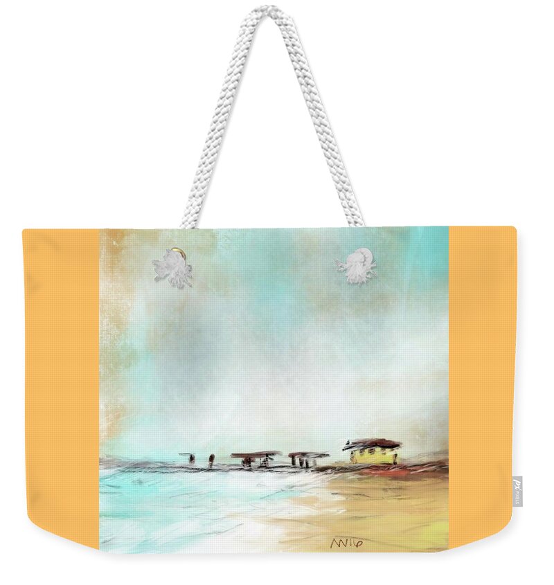 Beach Weekender Tote Bag featuring the digital art Frisco Pier by AnneMarie Welsh