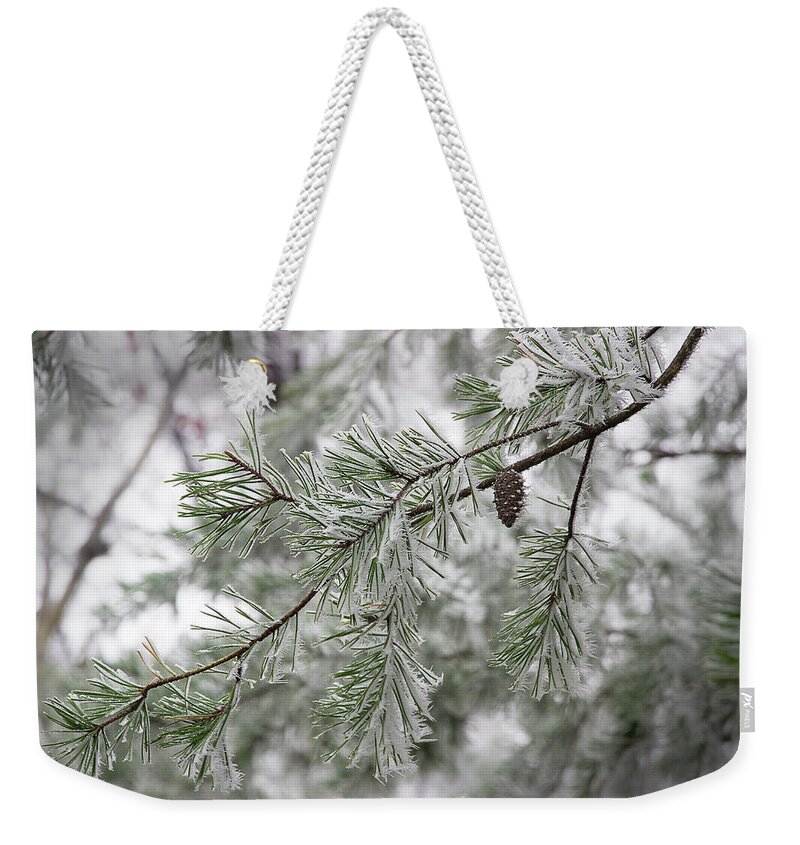Frost Weekender Tote Bag featuring the photograph Frosty Pinecone by Mike Eingle