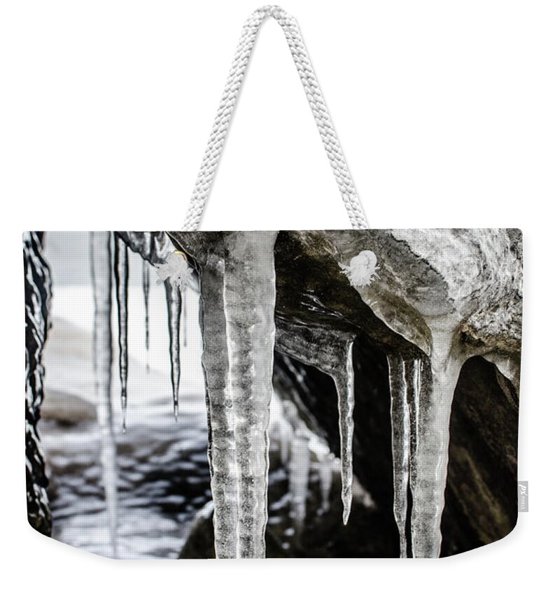 Ice Weekender Tote Bag featuring the photograph Frozen Lake Michigan Shoreline by Miguel Winterpacht