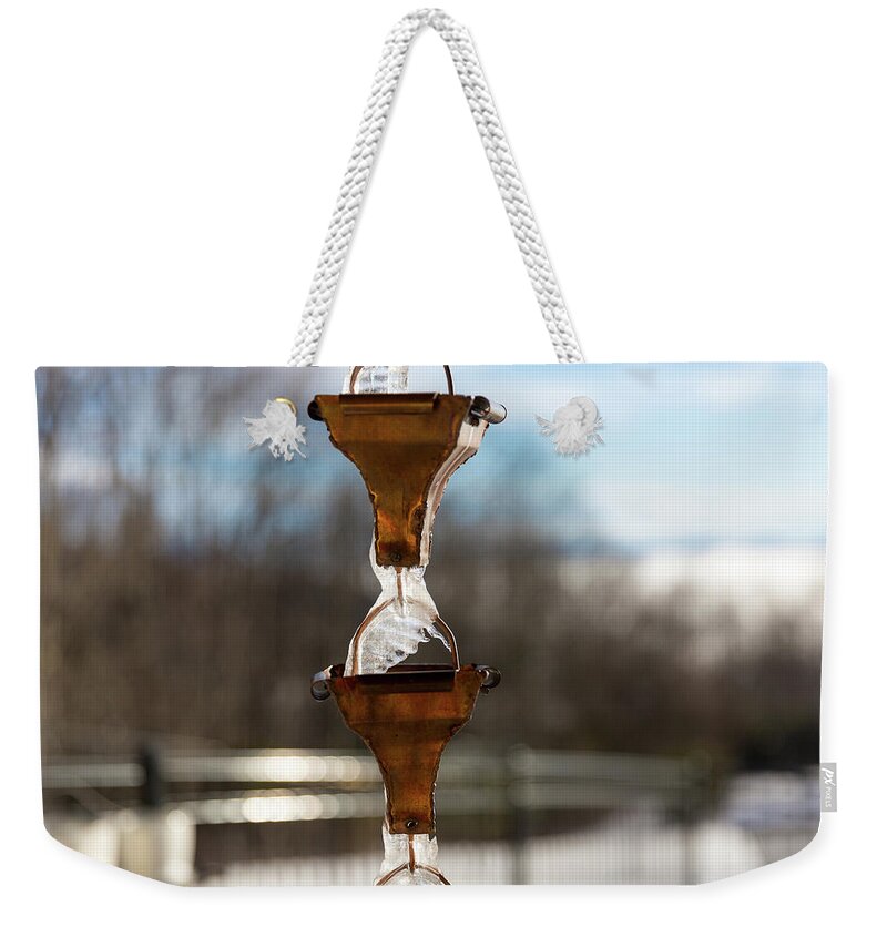 Rain Chains Weekender Tote Bag featuring the photograph Frozen Rain Chains by D K Wall