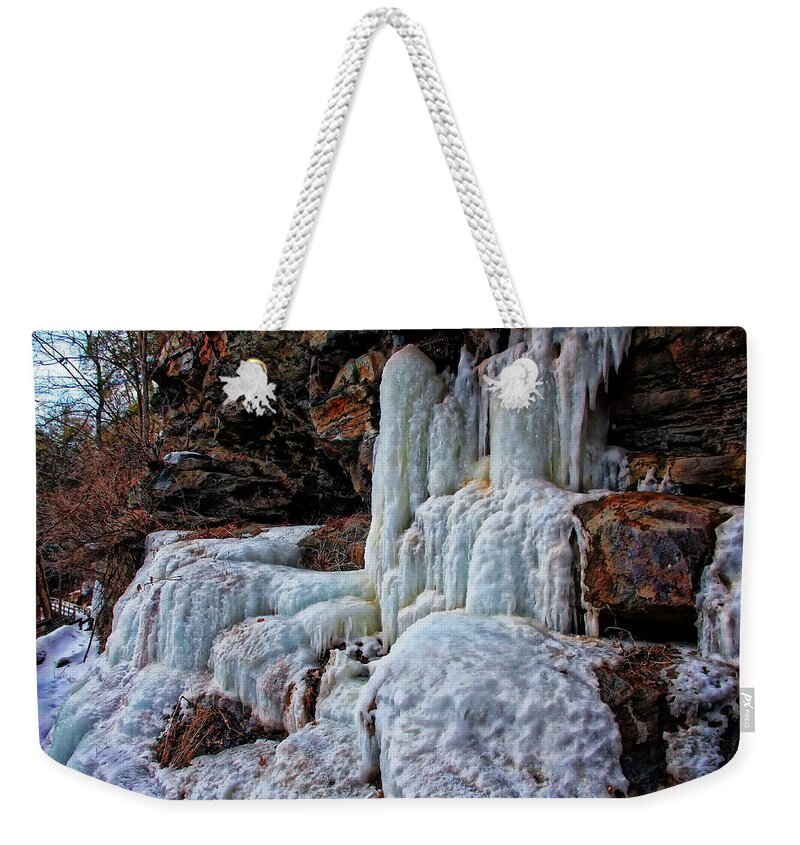 Ice Weekender Tote Bag featuring the photograph Frozen Waterfall by Suzanne Stout